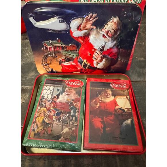 Coca Cola Coke Santa Playing Cards Christmas Collectible Tin Two Decks Bicycle - Picture 3 of 4
